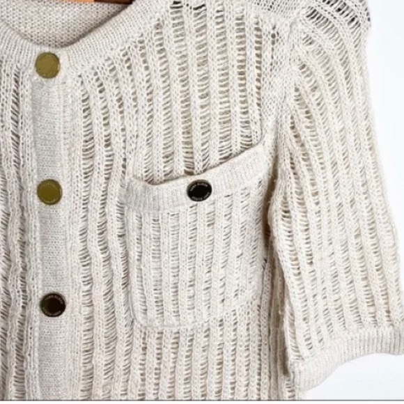 EUC TORY BURCH Women’s Natural Linen Knit Button Down Top, Size Large - Picture 6 of 9